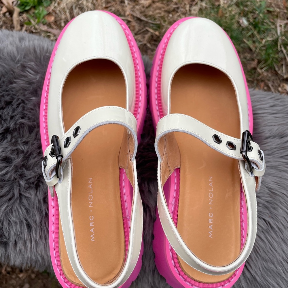 New Marc Nolan Luna Cream/Pink Leather Mary Jane Lug Slingbacks Size 5 - Picture 6 of 15